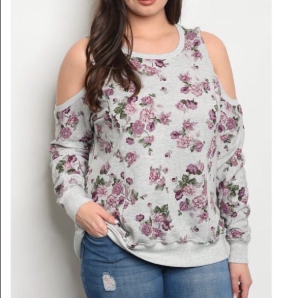 No Comment Plus Sweaters - Floral Cold Shoulder Sweater